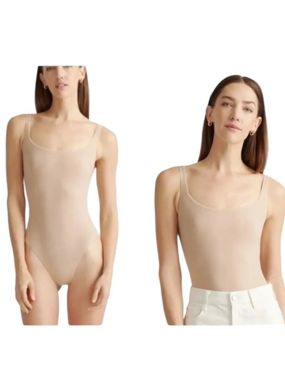 NWT Quince Second Skin Square Neck Tank Bodysuit Sand Cream Beige Size S